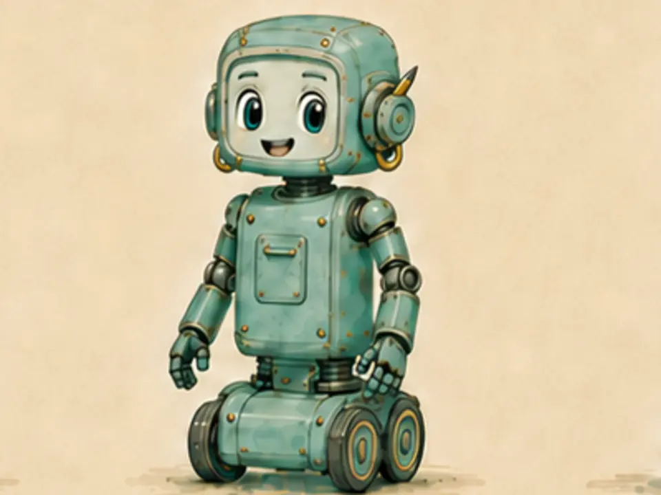 Mama, der mintfarbene Familienroboter mit vier Rädern, Bleistift am Hörmodul und kleinen Ringohrringen.