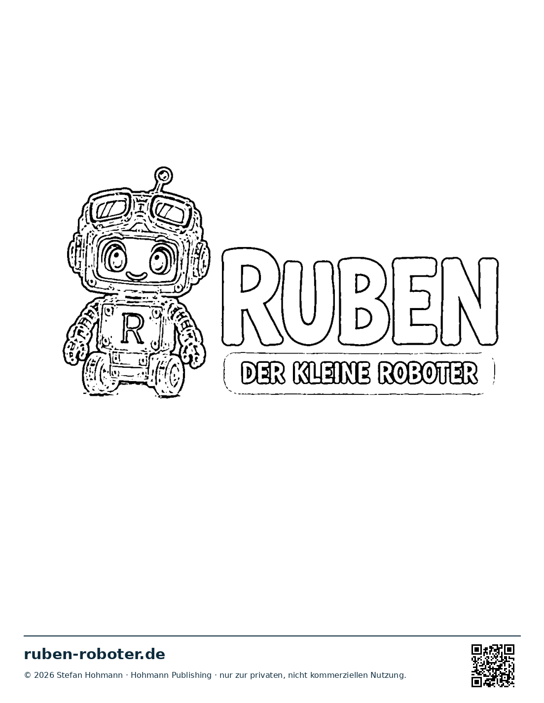 Schwarz-weiße Malvorlage des Ruben-Logos: Ruben steht neben dem Schriftzug Ruben – der kleine Roboter.